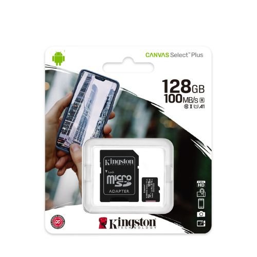 xr:d:DAFDLegu2k4:48,j:29622532930,t:22062811 Kingston 128GB Micro SD Memory Card up to100MB/S (5YW) - Image 1