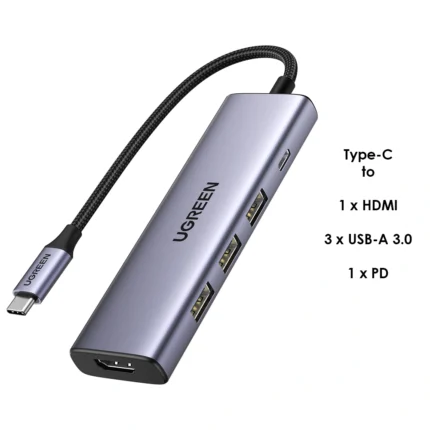 UGREEN 5 in 1 Type C To HDMI+3*USB 3.0 A+PD Power HUB - CM511/ P/N 15596 (1YW)