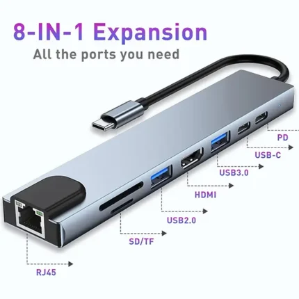 Type-C to HUB 8 in 1 With RJ45 Port (HDMI /USB 3.0 * 2 / Type C / RJ45/ TF/SD Reader/ PD ) (6MW)