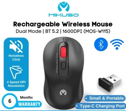 MIKUSO MOS-W115 Wireless + Bluetooth Rechargeable Mouse (6MW)