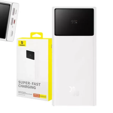 Baseus Star-Lord Digital Display 30000 mAh 30W PD Fast Charging Power Bank – Moon White- USB to Type C 3A 0.3m White Cable included-(6MW)