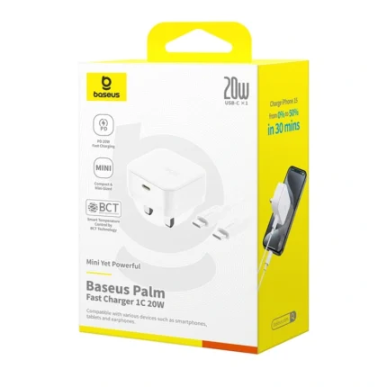 Baseus Palm 20W UK Pin Type-C Fast Charger with Type-c to Type-c 60W Cable-(1YW)