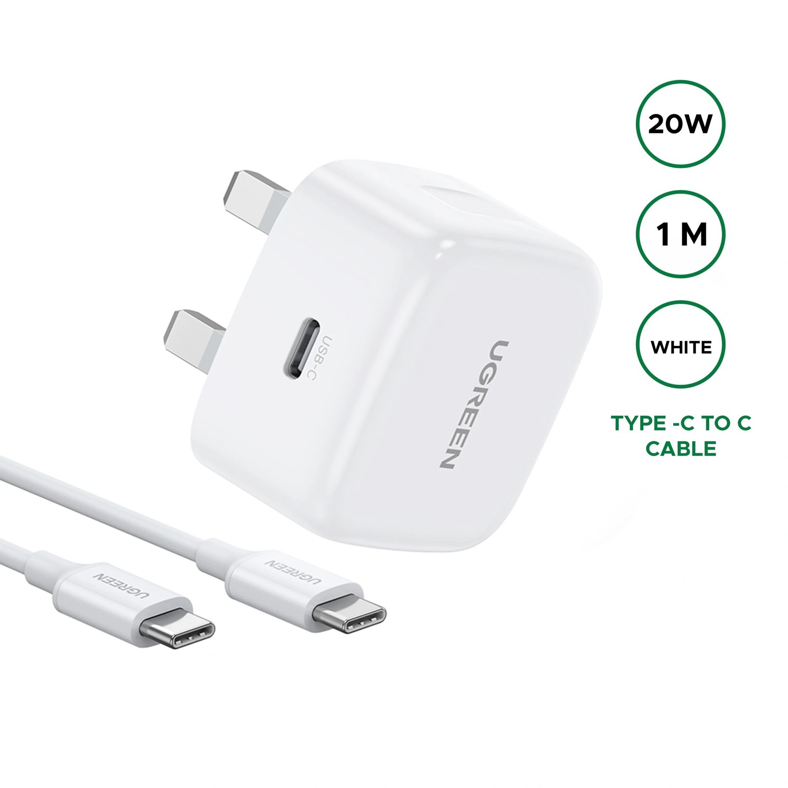 mjki UGREEN 20W Type-C Fast Charger Set With Type-C to Type-C 1 Meter Cable – CD137 – 45438-(1YW) - Image 1