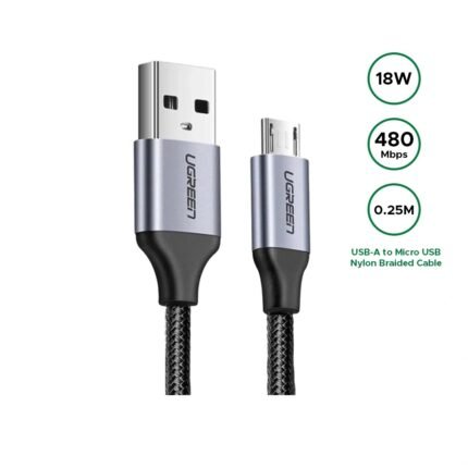UGREEN USB 2.0 A to Micro USB Cable Nickel Plating Aluminum Braid 0.25m (25CM) (Black) - 60144 - US290 -(1YW)