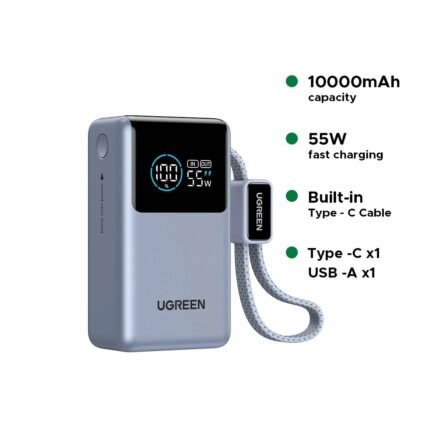 UGREEN Nexode Pro 10000mAh 55W Smart Digital Display Mini Power Bank with Build-in Type-C Cable - PB727 - 75701B -(1YW)