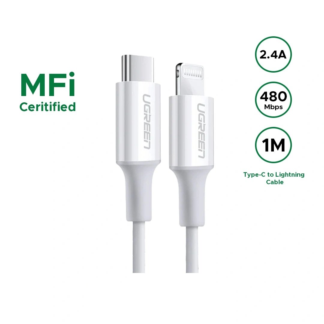 899 UGREEN Type-C to Lightning 1 Meter 20W PD Fast Charging 3A Max White - US171 - 10493 -(1YW) - Image 1