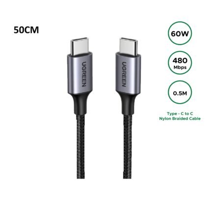 UGREEN 0.5 Meter (50CM) 60W Type-C to Type-C PD Round Cable Nickel Plating Aluminum Shell – US261 – 50149- (1YW)