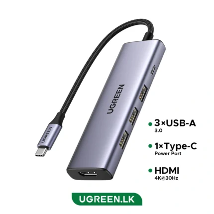 UGREEN 5 in 1 Type C To HDMI+3*USB 3.0 A+PD Power HUB - CM511/ P/N 15596 (1YW)