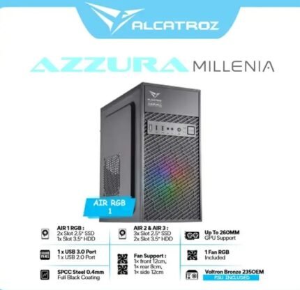 ALCATROZ AZZURA MILLENIA ECO AIR 1 RGB ATX CASING WITH 235W Power Supply & 01 X RGB Fan (01YW for PSU)