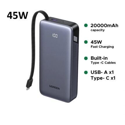UGREEN 20000mAh 45W Power Bank with Built-in Cable – PB536 – 55988B –(1YW)