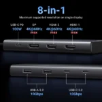UGREEN 8-in-1 Revodok Type-C Hub (Type-c to 2xHDMI 4k 60Hz /1xDP 4K60Hz /2xUSB 10Gbps / Type-c 10Gbps / Type-c PD 100W) – CM639 – 35625 –(1YW) - Image 6