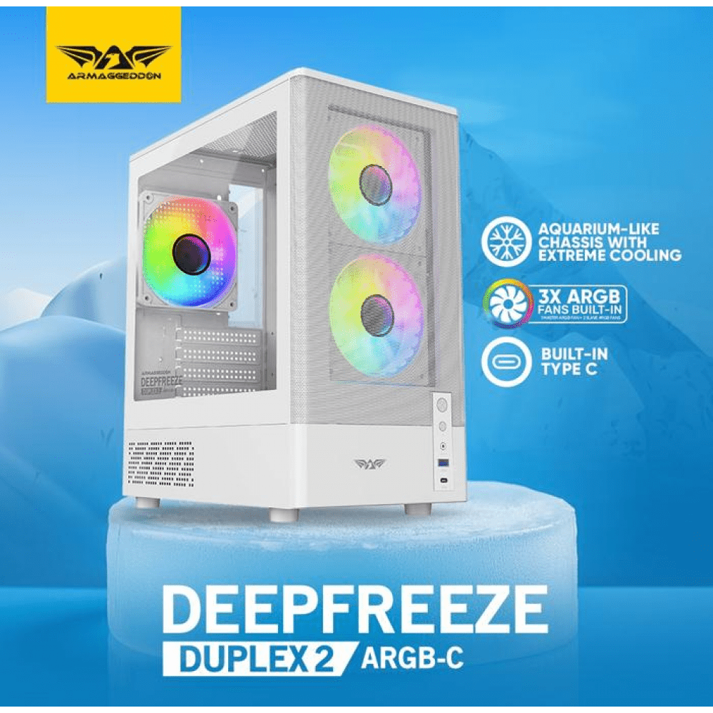 deepfreeze-duplex-2-chroma-black-3-1000x1000 ARMAGGEDDON DEEPFREEZE DUPLEX 2 ARGB-C WHITE COLOUR MESH FRONT PANEL CASING (With 3 X ARGB Fans Built in) - Image 1