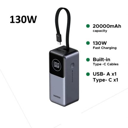 UGREEN 20000mAh 130W Nexode Smart Display Power Bank with Built-in Cable – PB723 – 55365B –(1YW)