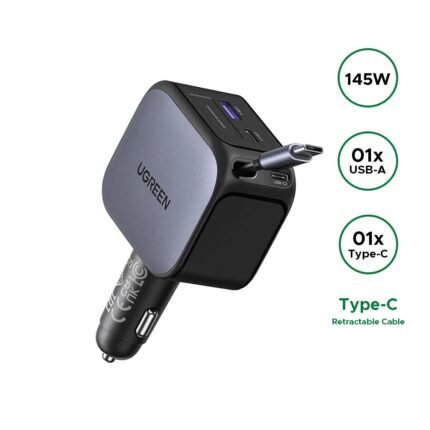 UGREEN 145W Nexode Car Charger with Retractable Cable 2x Type-C+ USB – EC604 – 55910B –(1YW)