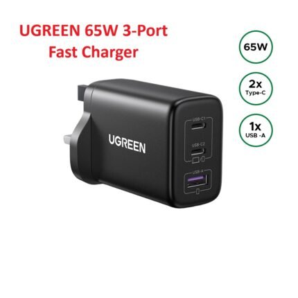 UGREEN 65W 3-Port Fast Charger UK Version – CD275 – 55333 – (2×USB-C + 1×USB-A) -(1YW)
