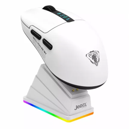 JEDEL GWH-113 Tri-Mode Wireless RGB Gaming Mouse with Charging Dock & Display – Bluetooth, 2.4GHz & USB Wired, 8000 DPI Optical Sensor, 6 Programmable Buttons (White) (6MW)
