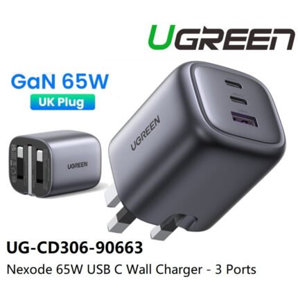 UGREEN 65W Nexode Fast Charging Adapter – CD306 – 90663 –(Space Gray) (USB x 01 + Type- C x 02)- (1YW)