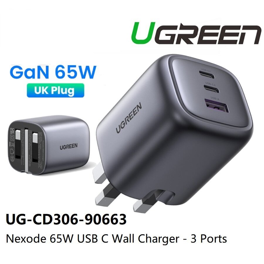 my-11134207-7r98y-lt6tkbh9hxyc6c UGREEN 65W Nexode Fast Charging Adapter – CD306 – 90663 –(Space Gray) (USB x 01 + Type- C x 02)- (1YW) - Image 1