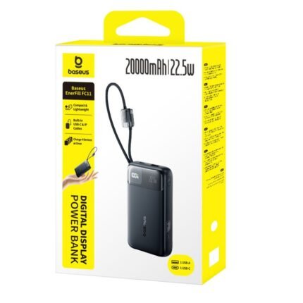 Baseus 20000mAh 22.5W EnerFill FC11 Power Bank – Built in Lightning & Type C Cables Cosmic Black –(1YW)