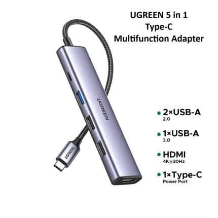 Ugreen 5 in 1 Type-C Multifunction Adapter Type-C to 2xUSB-A 2.0 1xUSB-A 3.0 HDMI PD - CM478 - 15495 - (1YW)