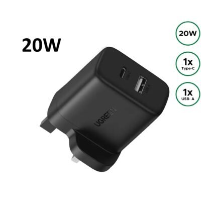 UGREEN 20W Type-C + USB A Port Fast Charger UK Pin (Black)- X227 – 45304 –(1YW)