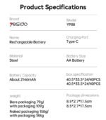 yesido AA BATTERIES 1.5V AA 2146 mWh Rechargeable Lithium Battries with Type-C Charging YP88 - 01 Battery - Image 5
