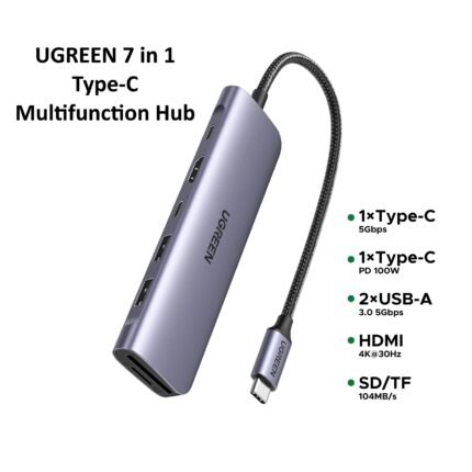 UGREEN 7 In 1 Type-C Multifunction Hub ( Type-c to HDMI 4K30Hz/2xUSB 3.0 /1xType-C Data /Type-C PD 100W /1xSD+TF )- CM195 – 15214 - (1YW)
