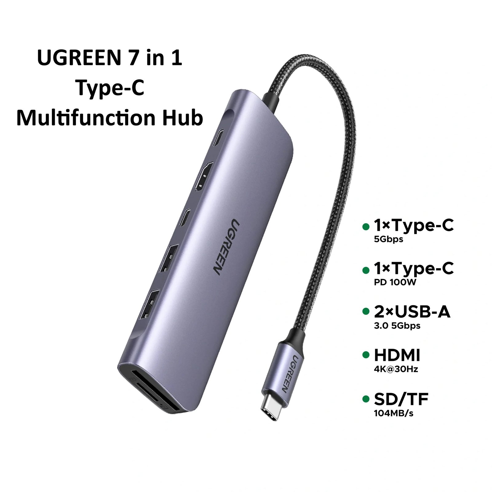 nbvcc UGREEN 7 In 1 Type-C Multifunction Hub ( Type-c to HDMI 4K30Hz/2xUSB 3.0 /1xType-C Data /Type-C PD 100W /1xSD+TF )- CM195 – 15214 - (1YW) - Image 1