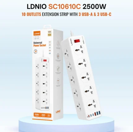 LDNIO Power Extension 2 Meter 10 Socket SC10610C 10-Way Extension Power Strip With USB-A x 3 + USB-C X 3 (6MW)